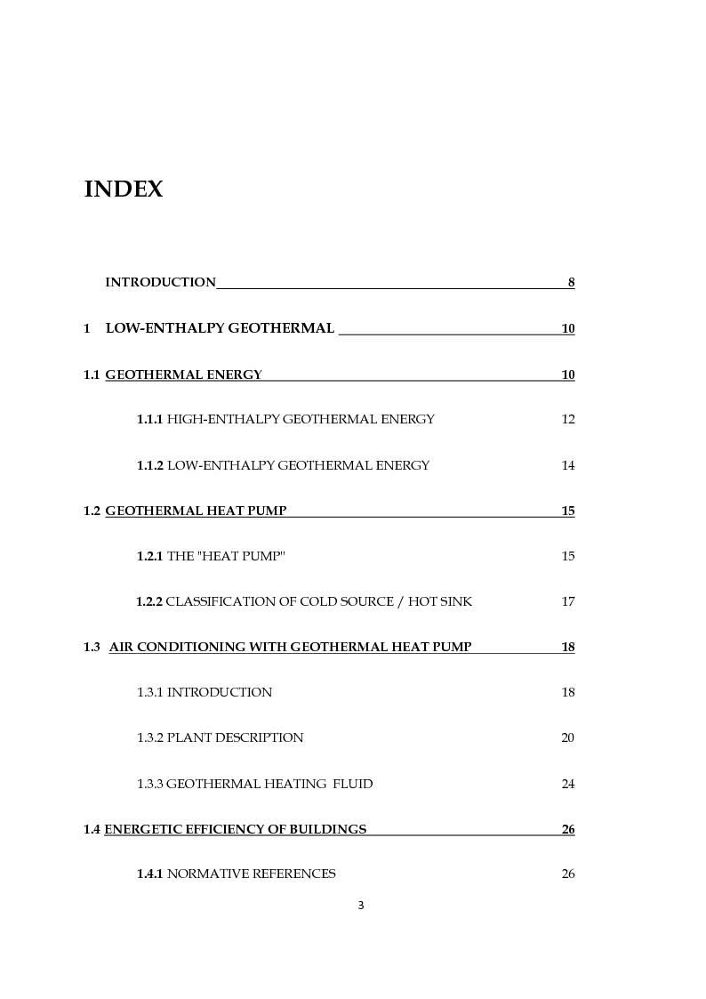 Indice della tesi: Thermodinamic and Economic Analysis of Geothermal Heat Pumps for Civil Air-Conditioning, Pagina 1
