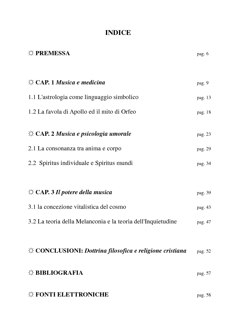 Indice della tesi: L'epistola ''Si ragiona de la Musica'' di Marsilio Ficino ad Antonio Canigiani, Pagina 1