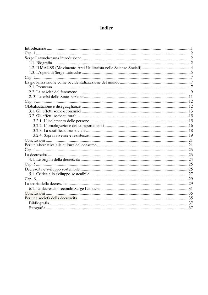 Indice della tesi: Serge Latouche: dall'Occidentalizzazione alla Decrescita, Pagina 1