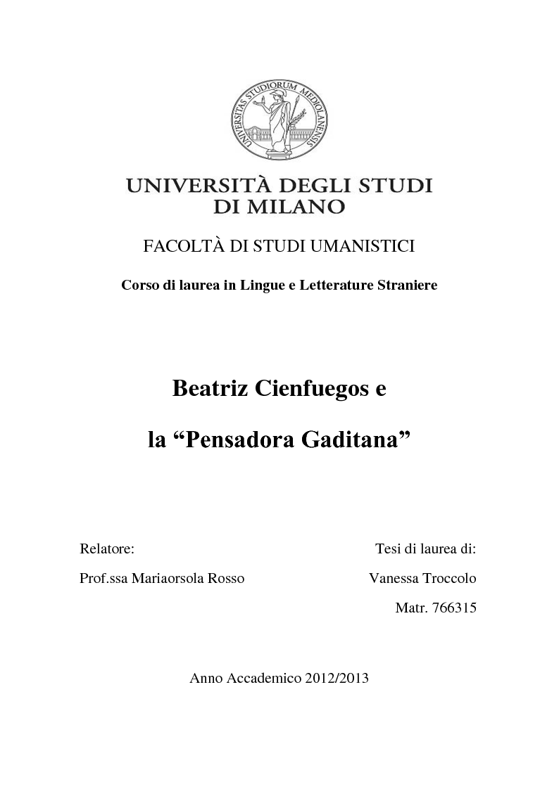 Anteprima della tesi: Beatriz Cienfuegos e la ''Pensadora Gaditana'', Pagina 1