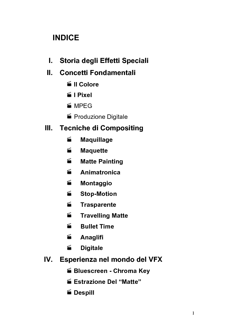 Indice della tesi: Compositing - Effetti Speciali. Reale o Virtuale, Pagina 1