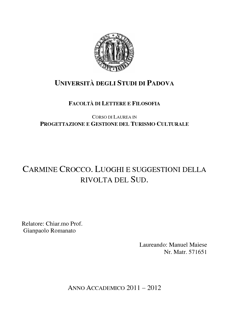 Anteprima della tesi: Carmine Crocco, luoghi e suggestioni della rivolta del Sud, Pagina 1