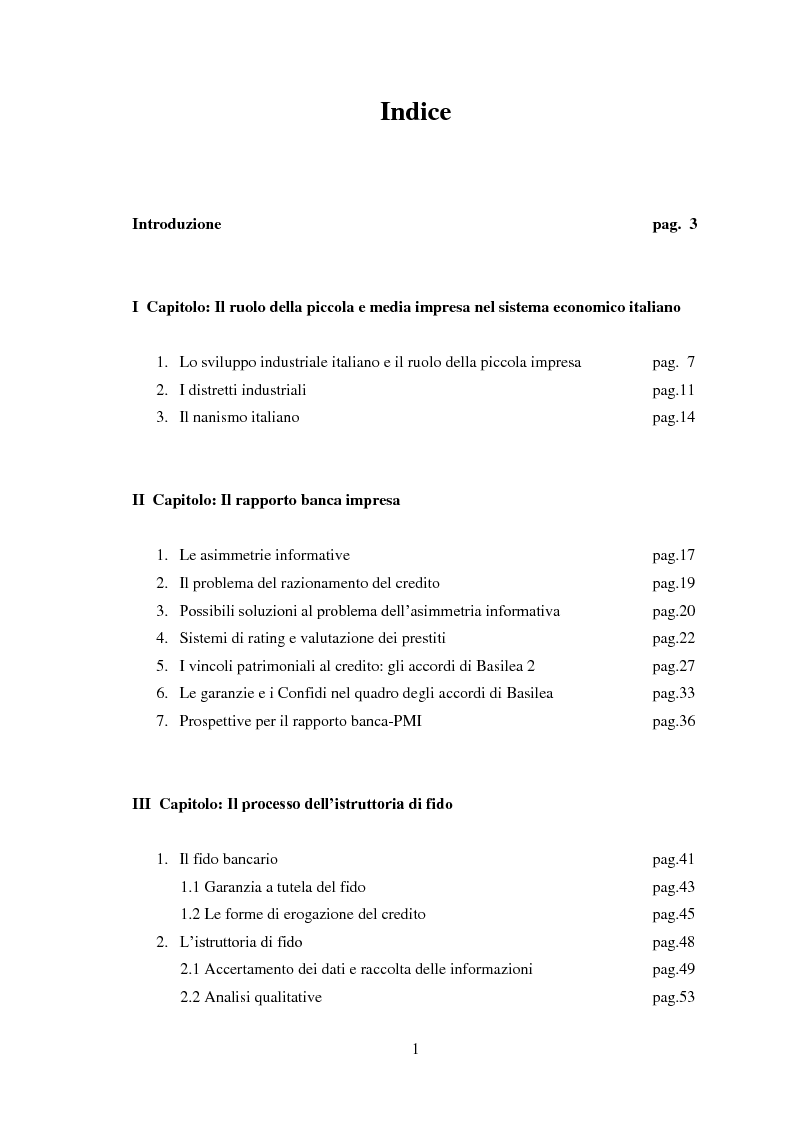 Indice della tesi: Il credito alle PMI nel sistema economico: il processo dell’istruttoria di fido, Pagina 1