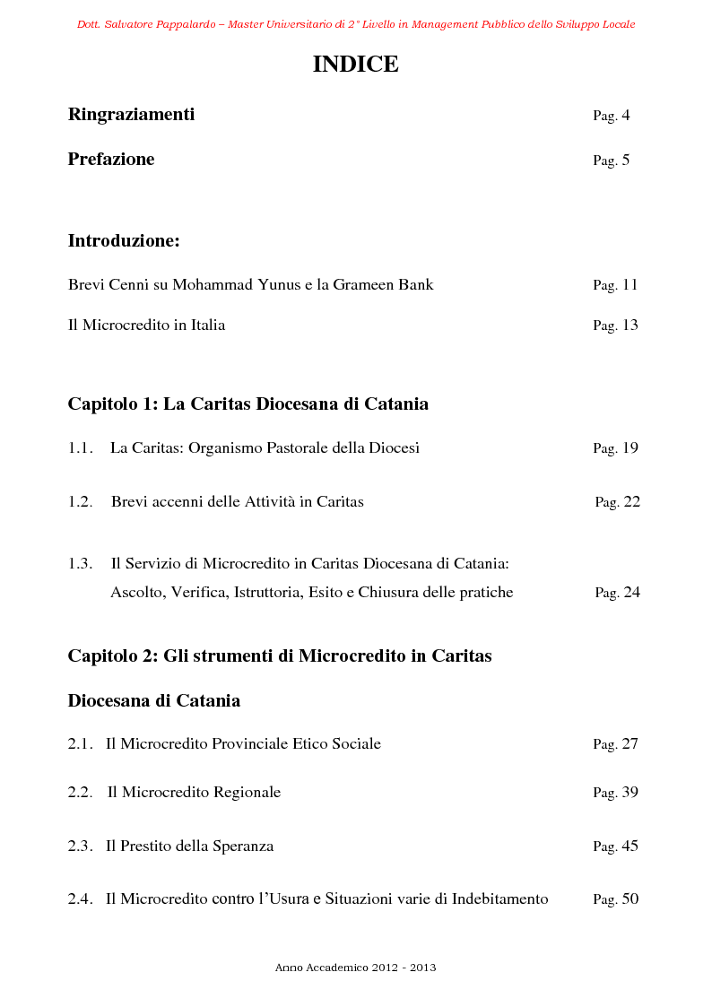 Indice della tesi: Il Microcredito in Caritas Diocesana di Catania: Strumento di Sviluppo, Occupazione e Intervento per le Famiglie in Situazioni di Disagio Economico e Sociale nel Territorio Siciliano, Pagina 1