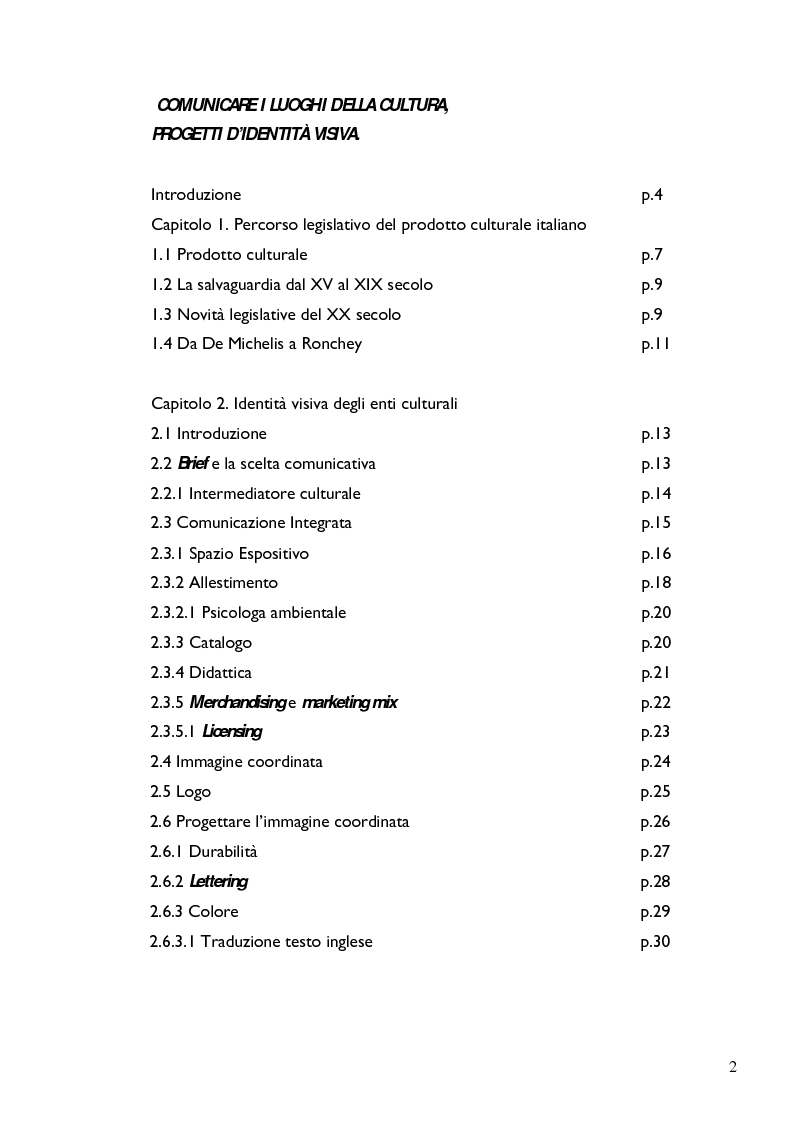 Indice della tesi: Comunicare i Luoghi della Cultura - Progetti d'identità visiva., Pagina 1