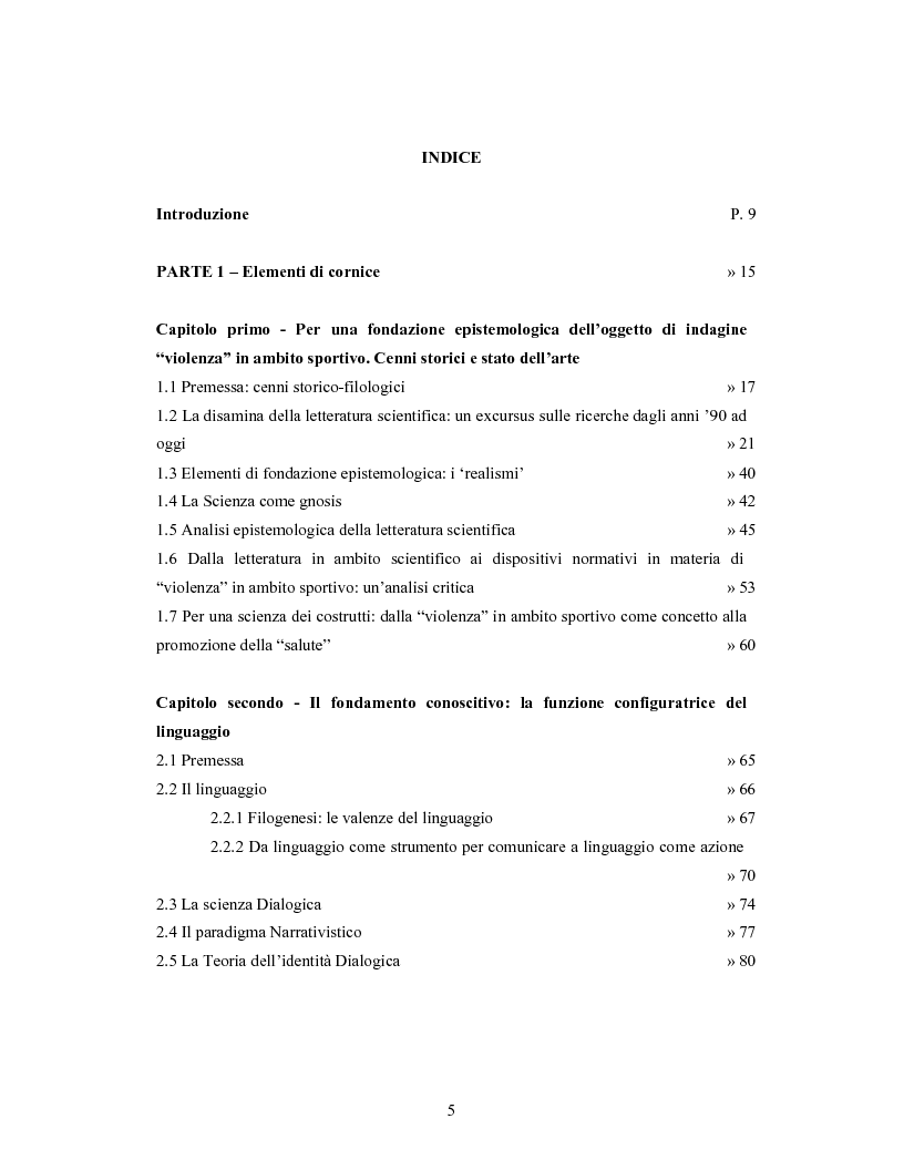 Indice della tesi: Il ruolo dei mass media nella configurazione violenza in ambito sportivo, Pagina 1