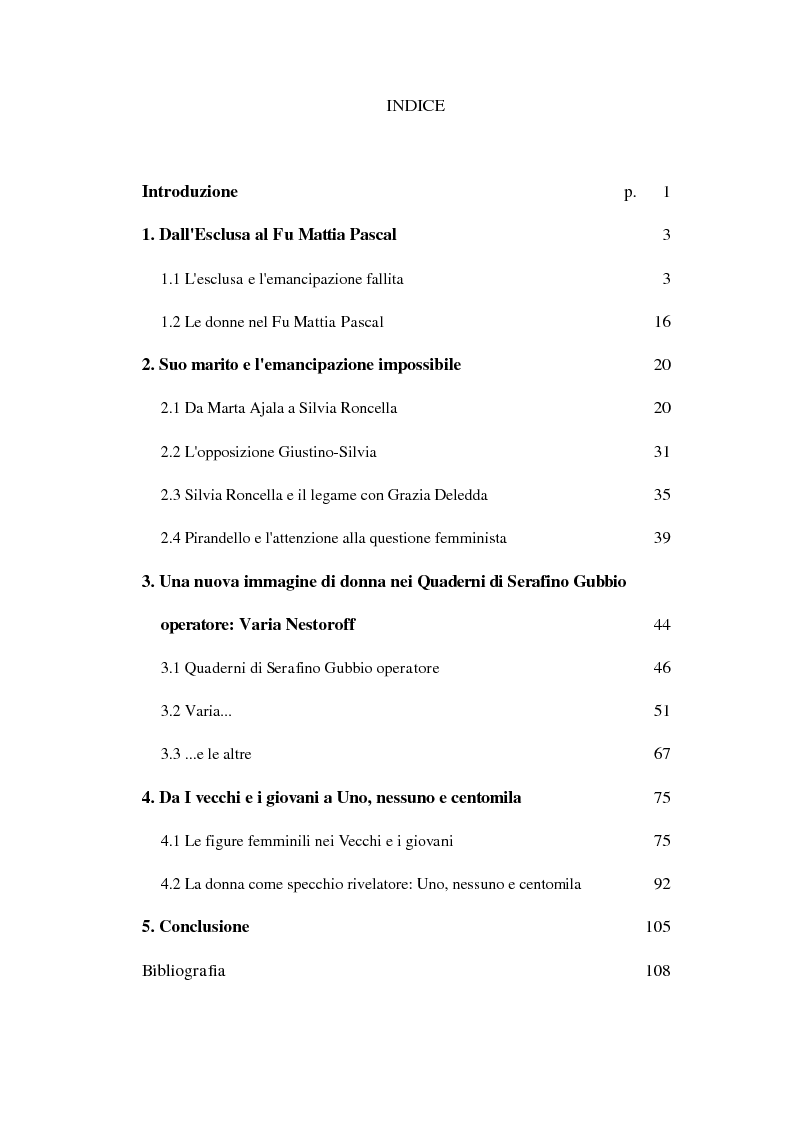 Indice della tesi: Le figure femminili nei romanzi di Luigi Pirandello, Pagina 1