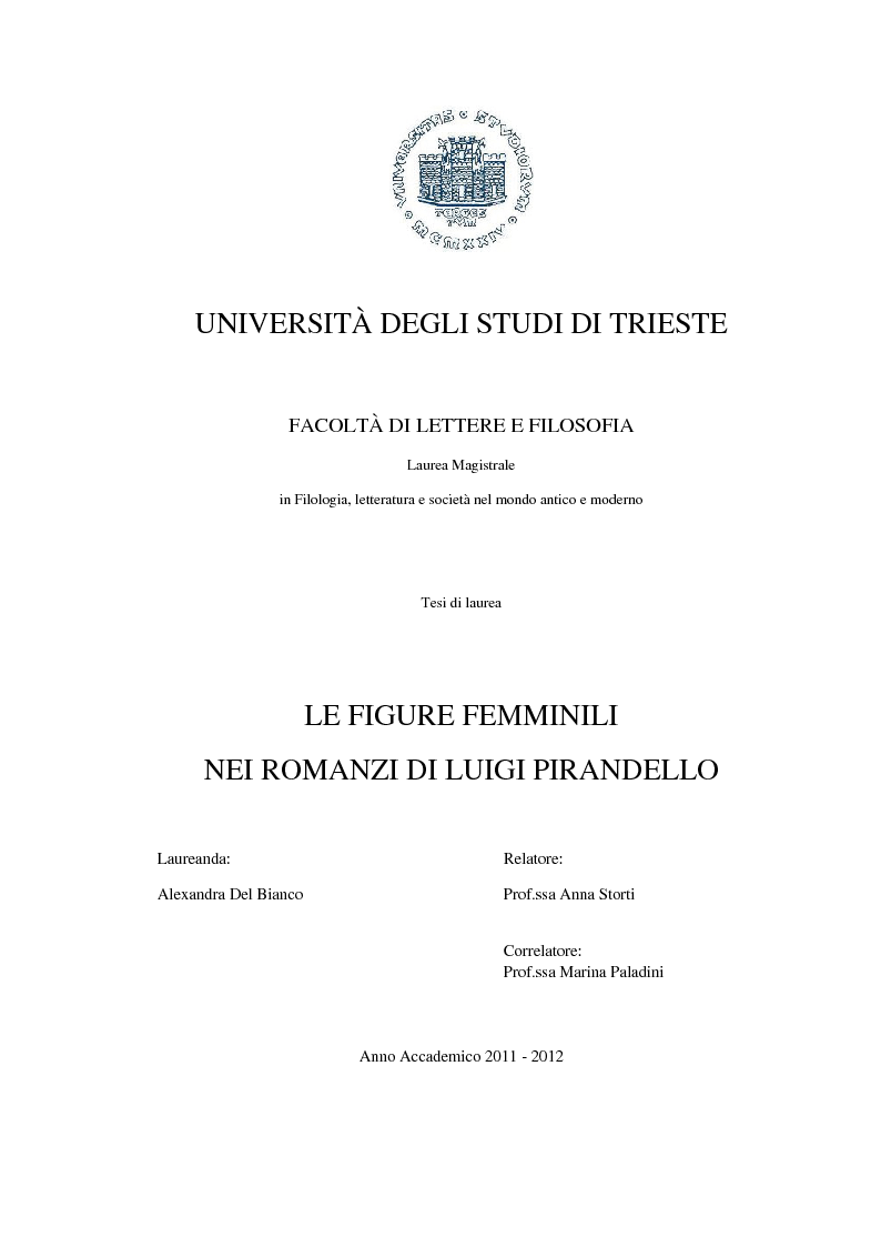 Anteprima della tesi: Le figure femminili nei romanzi di Luigi Pirandello, Pagina 1