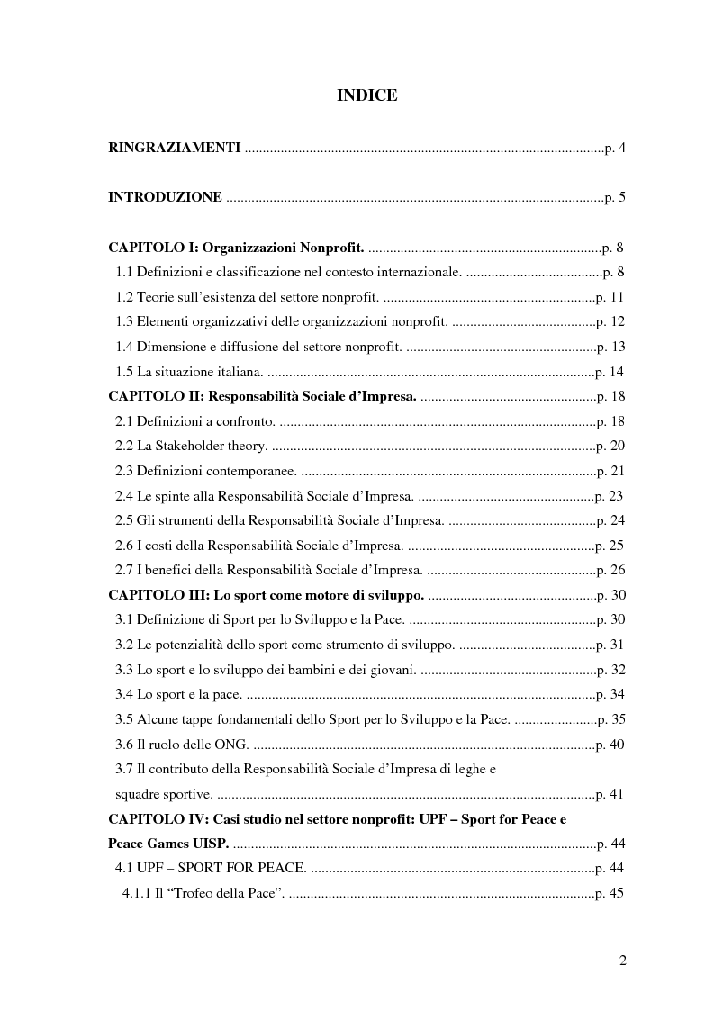 Indice della tesi: Lo sport per lo sviluppo. Organizzazioni nonprofit e Responsabilità Sociale d'Impresa a confronto., Pagina 1