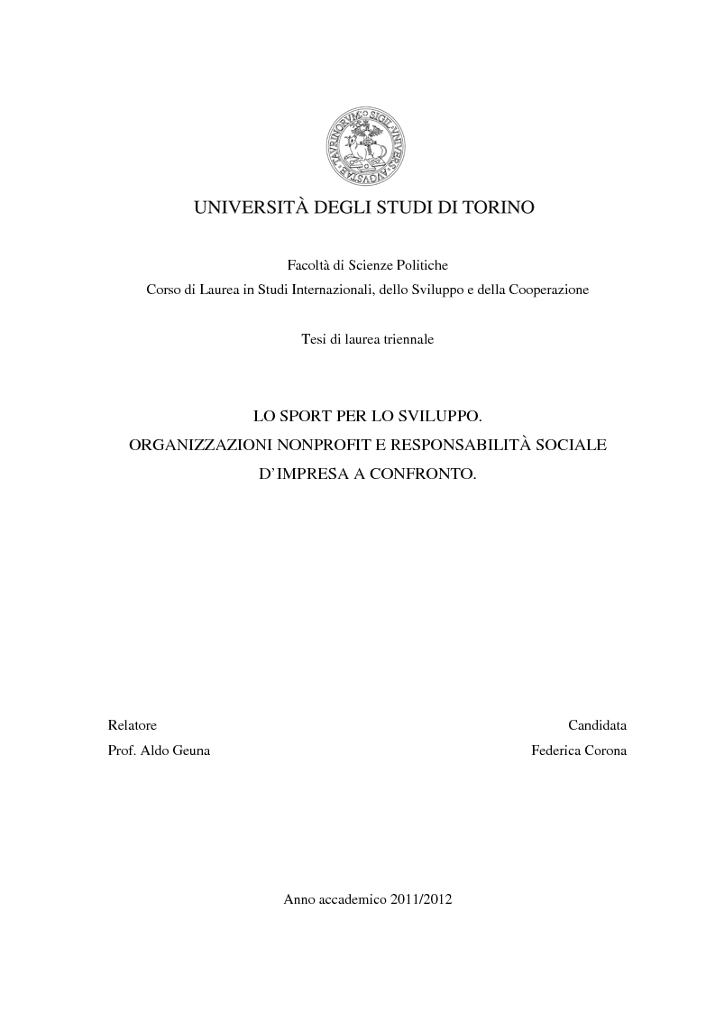 Anteprima della tesi: Lo sport per lo sviluppo. Organizzazioni nonprofit e Responsabilità Sociale d'Impresa a confronto., Pagina 1