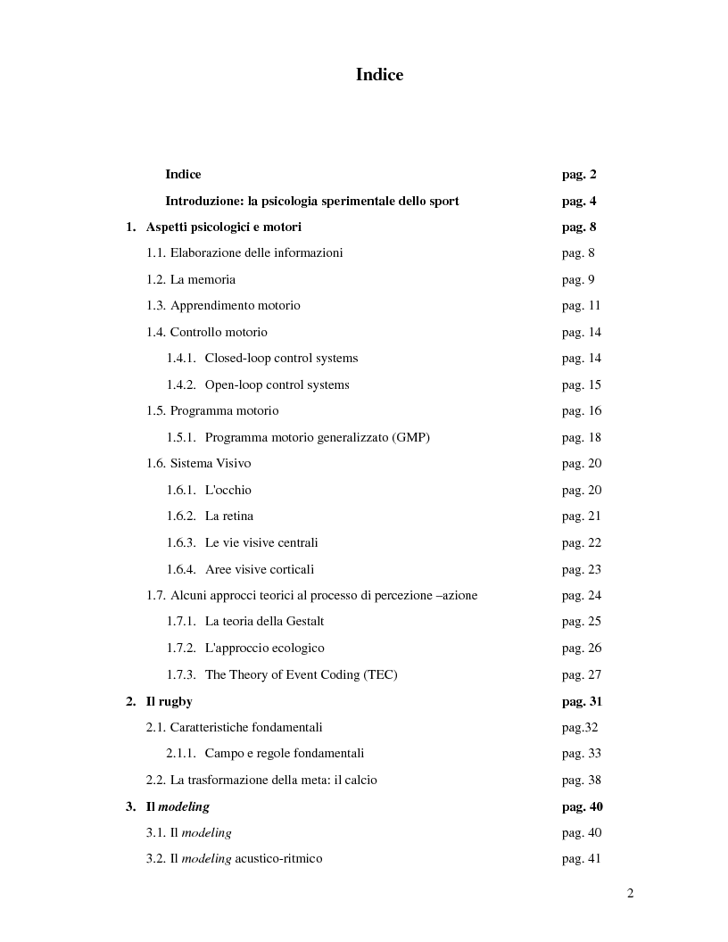 Indice della tesi: Applicazione di un modello prestazionale visuo – spaziale al calcio di punizione nel rugby, Pagina 1