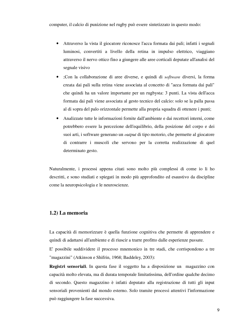 Anteprima della tesi: Applicazione di un modello prestazionale visuo – spaziale al calcio di punizione nel rugby, Pagina 7