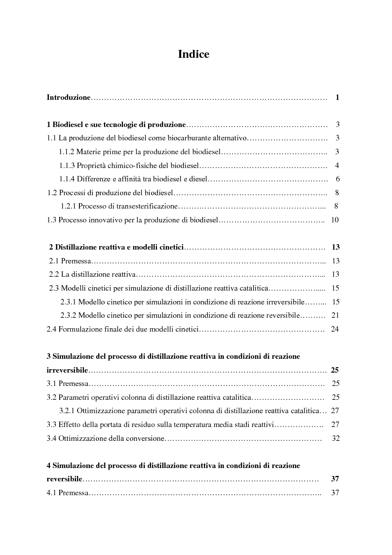 Indice della tesi: Distillazione reattiva per produzione di biodiesel, Pagina 1