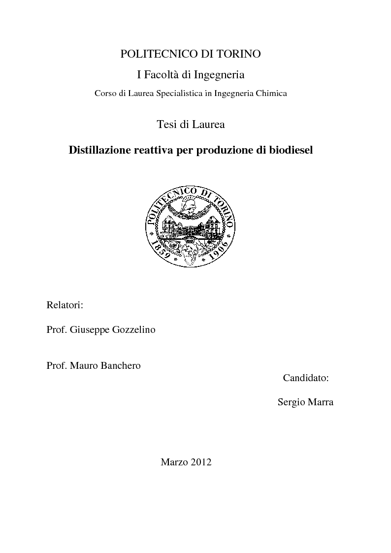 Anteprima della tesi: Distillazione reattiva per produzione di biodiesel, Pagina 1