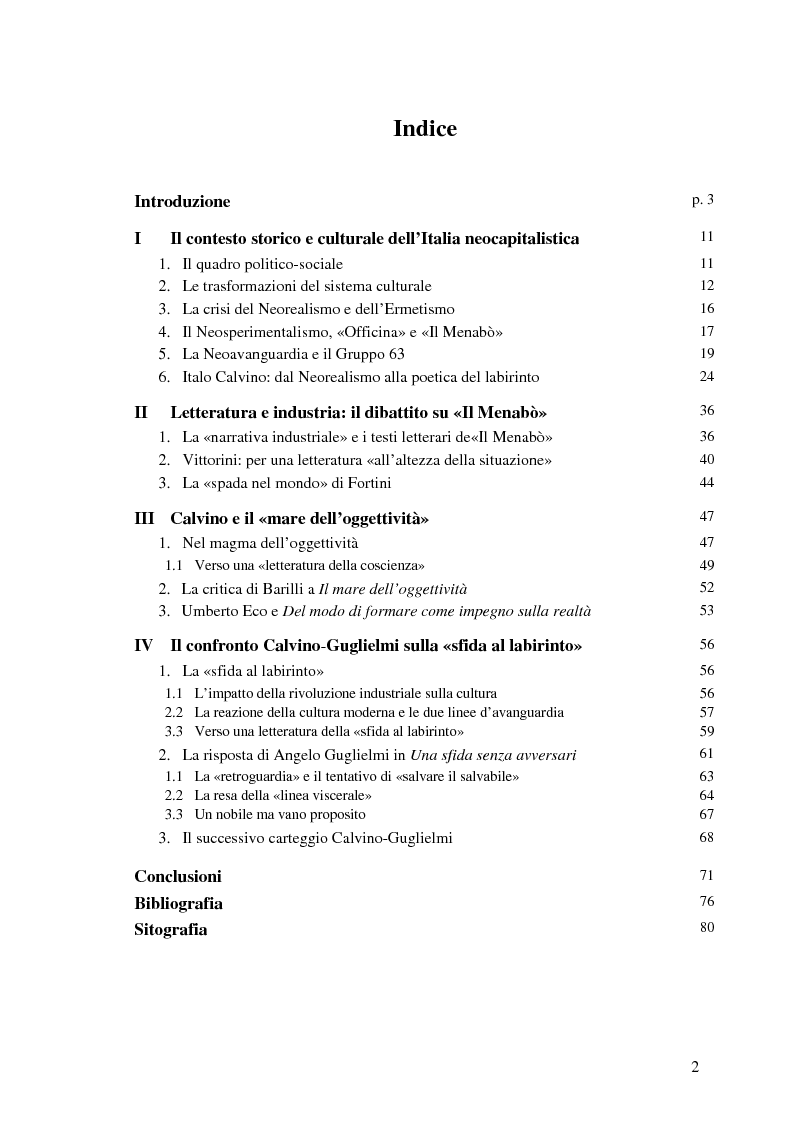 Indice della tesi: La rosa nel sasso - Italo Calvino, la Neoavanguardia e il dibattito su letteratura e industria, Pagina 1