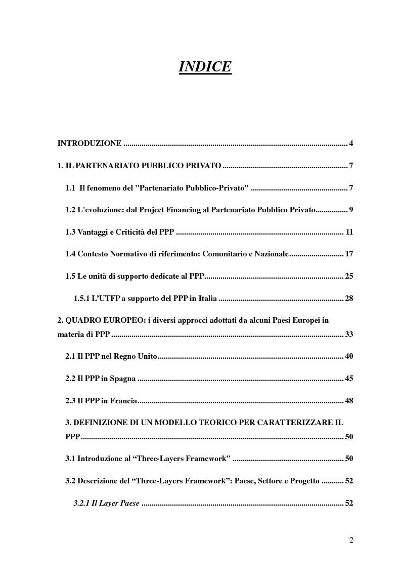 Indice della tesi: Modello teorico a three-layers per la caratterizzazione del partenariato pubblico privato, Pagina 1