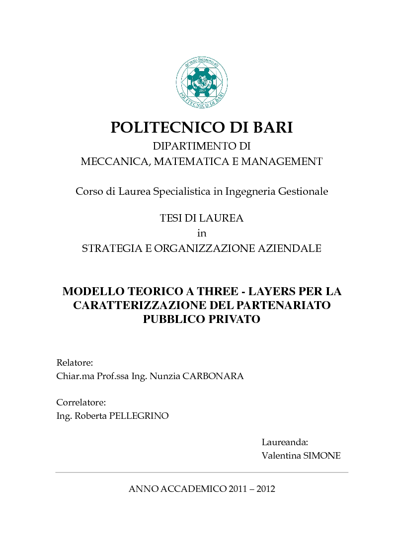Anteprima della tesi: Modello teorico a three-layers per la caratterizzazione del partenariato pubblico privato, Pagina 1