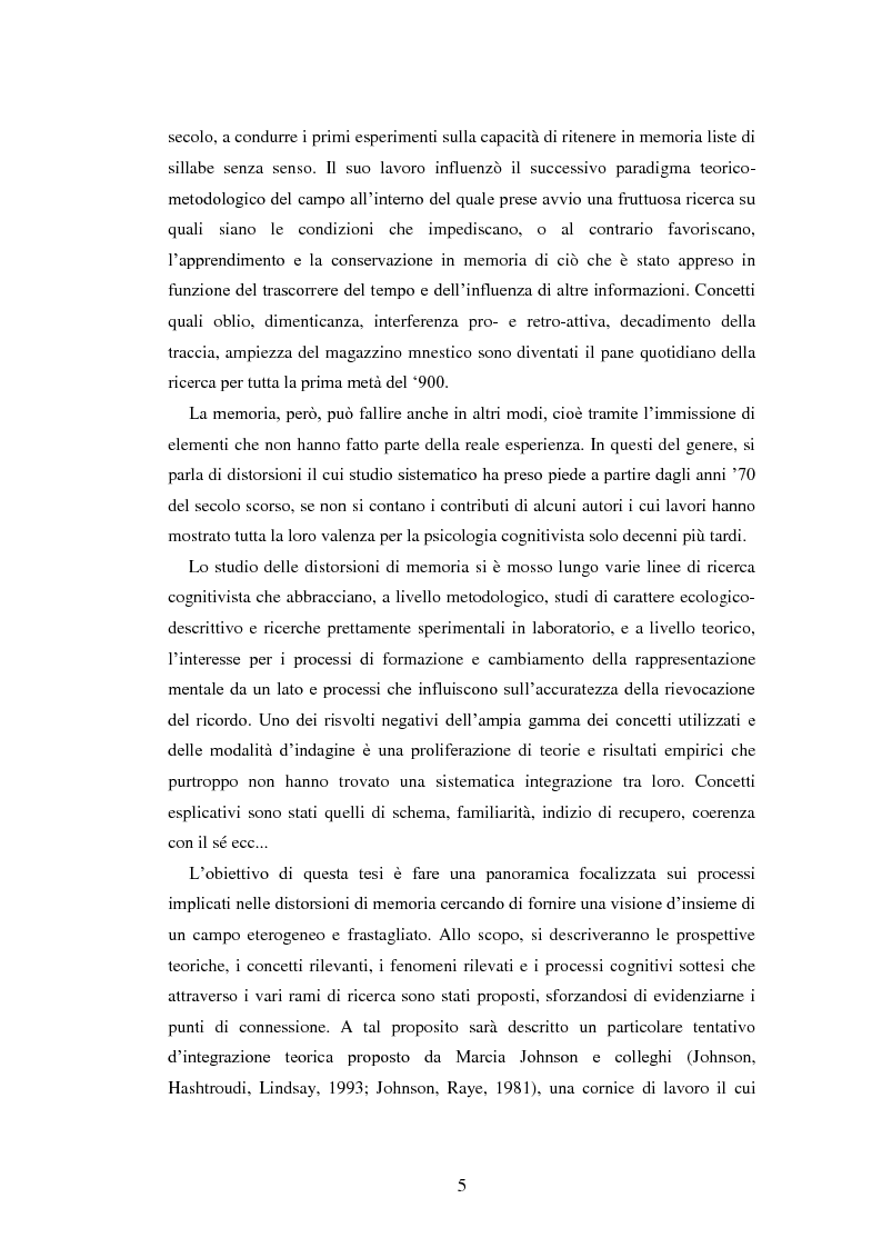 Anteprima della tesi: Le distorsioni di memoria e il monitoraggio della fonte: un tentativo di integrazione teorica, Pagina 3
