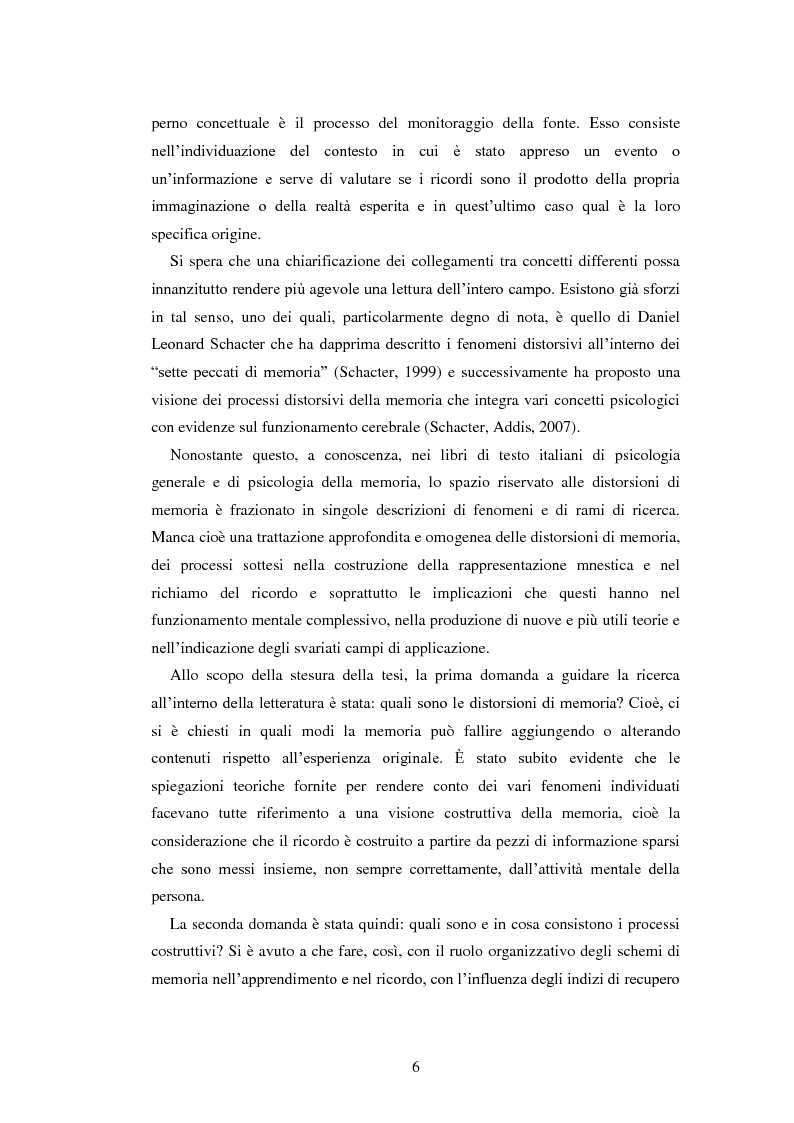 Anteprima della tesi: Le distorsioni di memoria e il monitoraggio della fonte: un tentativo di integrazione teorica, Pagina 4