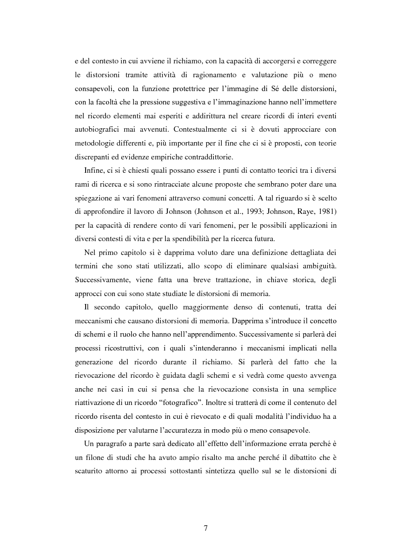 Anteprima della tesi: Le distorsioni di memoria e il monitoraggio della fonte: un tentativo di integrazione teorica, Pagina 5