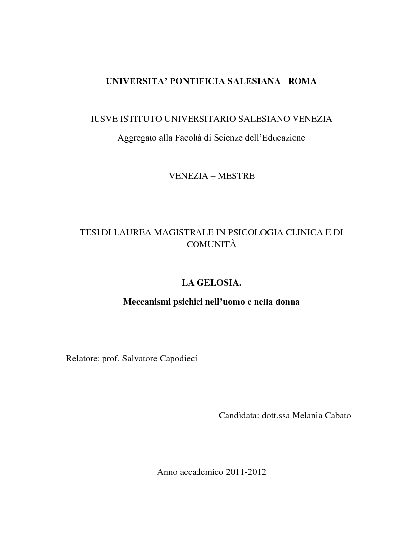 Anteprima della tesi: La Gelosia. Meccanismi psichici nell'uomo e nella donna., Pagina 1