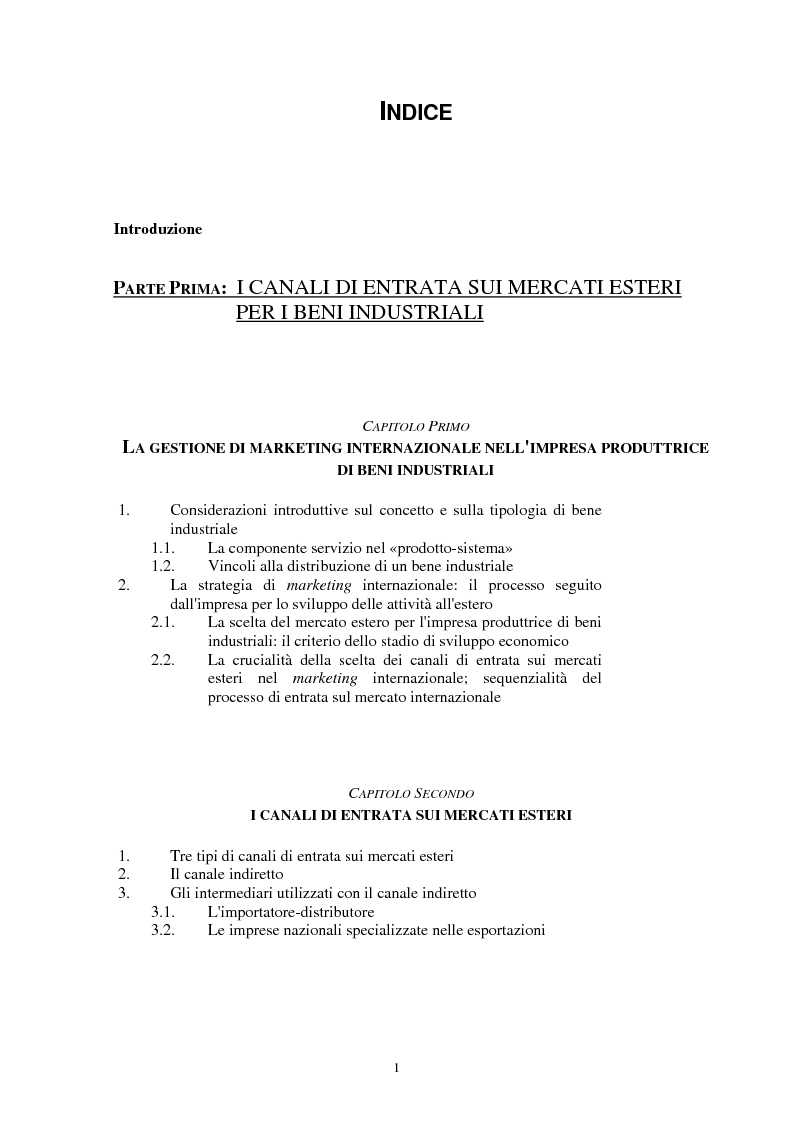 Indice della tesi: I canali di entrata sui mercati esteri per i beni industriali: analisi del caso delle macchine utensili in Italia, Pagina 1
