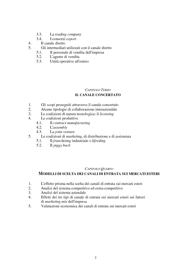 Indice della tesi: I canali di entrata sui mercati esteri per i beni industriali: analisi del caso delle macchine utensili in Italia, Pagina 2