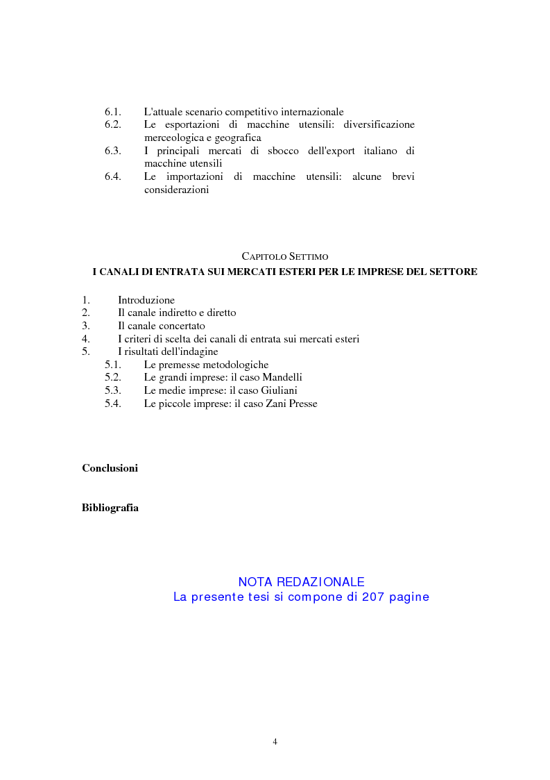 Indice della tesi: I canali di entrata sui mercati esteri per i beni industriali: analisi del caso delle macchine utensili in Italia, Pagina 4