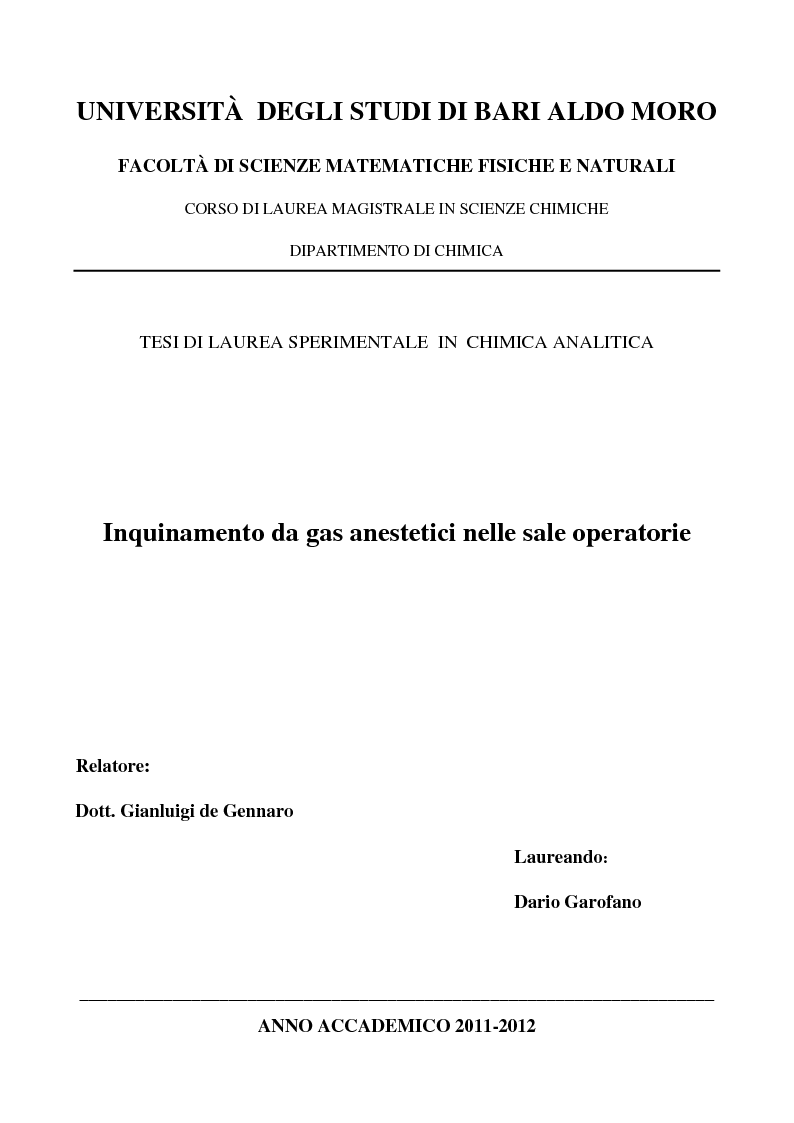 Anteprima della tesi: Inquinamento da gas anestetici nelle sale operatorie, Pagina 1