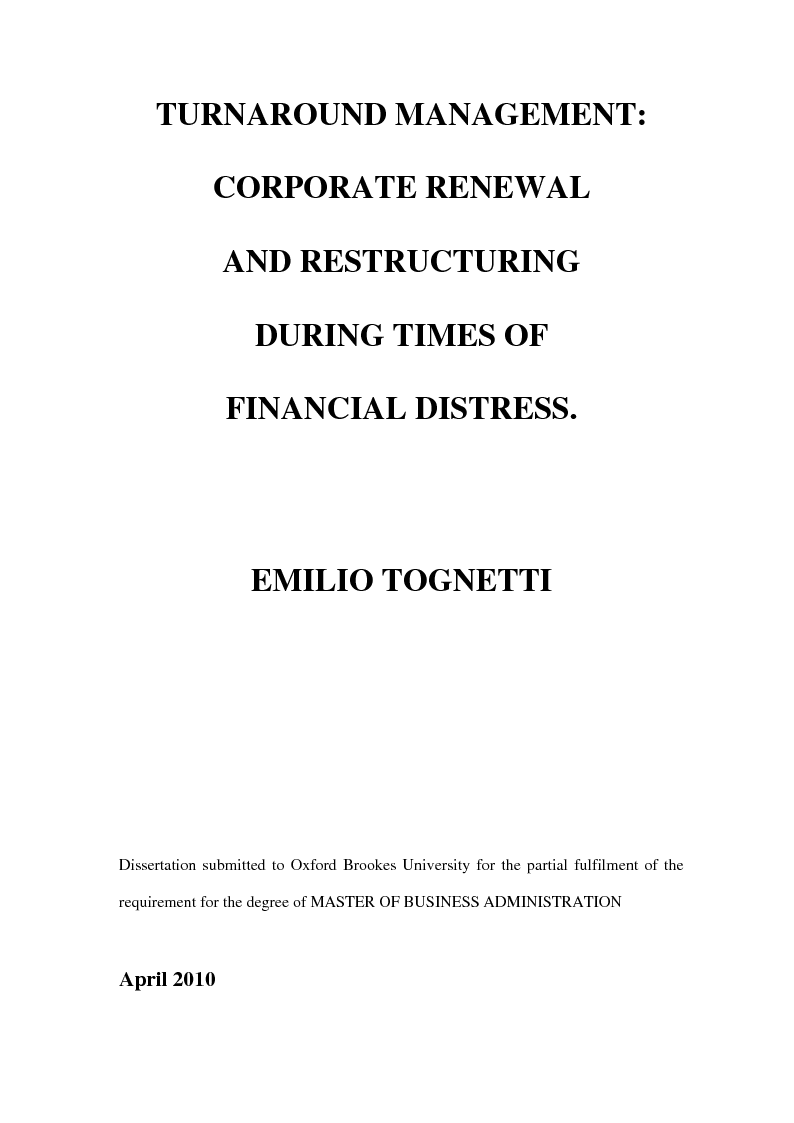 Anteprima della tesi: Turnaround management: corporate renewal and restructuring during times of financial distress, Pagina 1