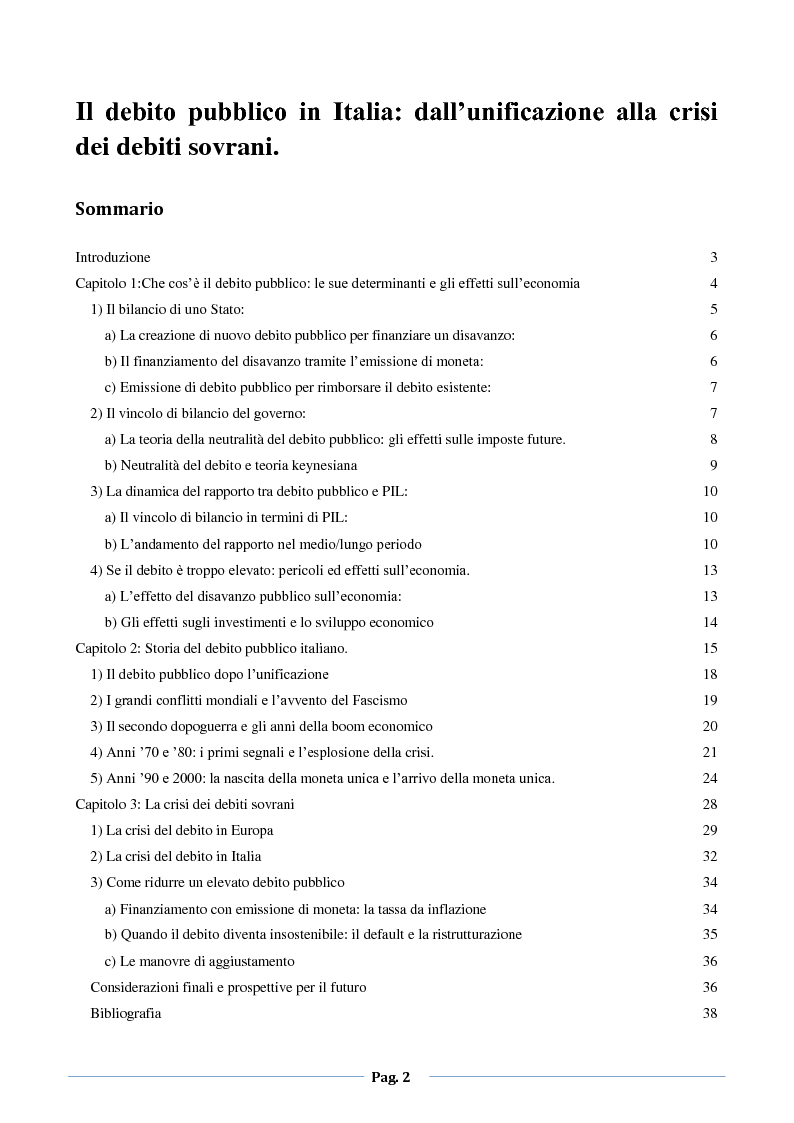Indice della tesi: Il debito pubblico in Italia: dall'unificazione alla crisi dei debiti sovrani, Pagina 1