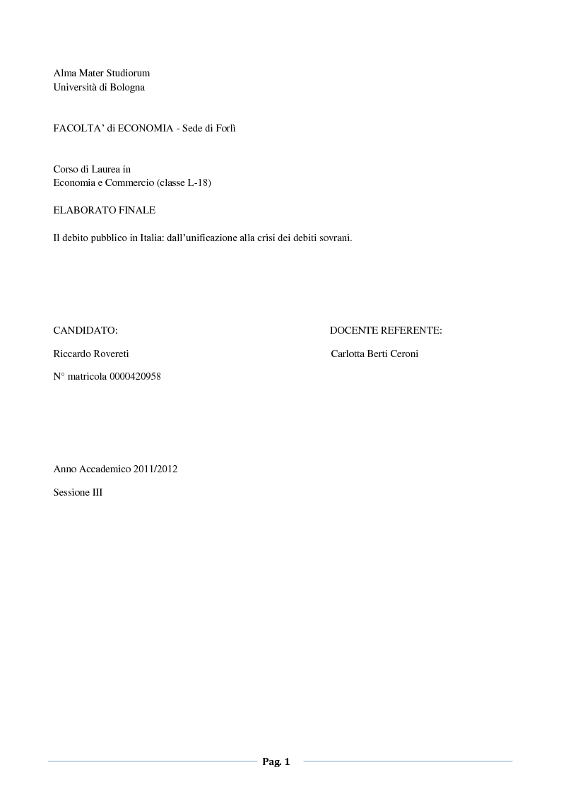 Anteprima della tesi: Il debito pubblico in Italia: dall'unificazione alla crisi dei debiti sovrani, Pagina 1