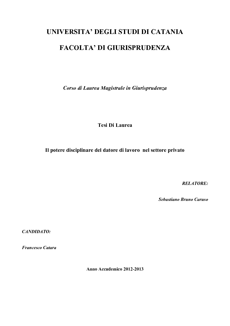 Anteprima della tesi: Il potere disciplinare del datore di lavoro nel settore privato, Pagina 1