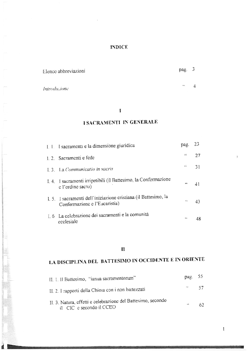 Indice della tesi: La disciplina canonica del Battesimo nel Codice latino e nel Codice orientale, Pagina 1