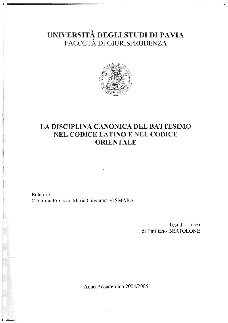 Anteprima della tesi: La disciplina canonica del Battesimo nel Codice latino e nel Codice orientale, Pagina 1