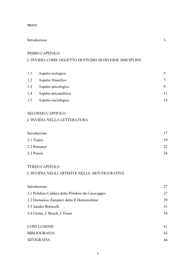 Indice della tesi: L'invidia nelle rappresentazioni artistiche, letterarie e religiose, Pagina 1