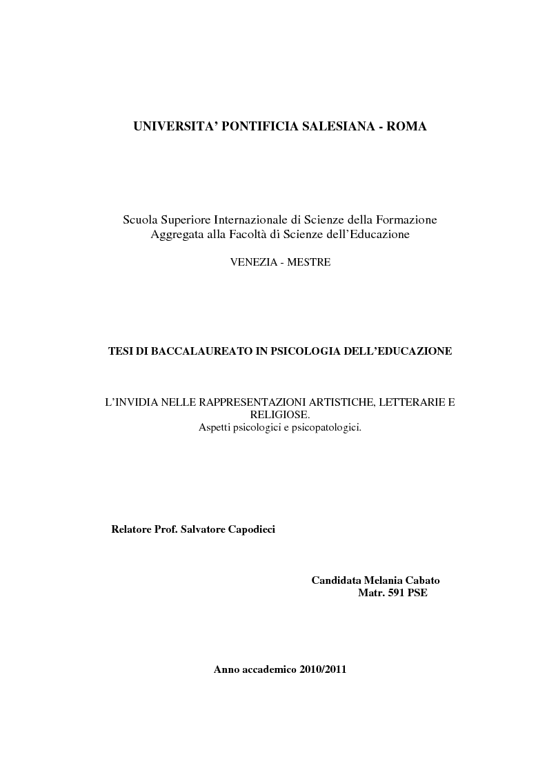 Anteprima della tesi: L'invidia nelle rappresentazioni artistiche, letterarie e religiose, Pagina 1