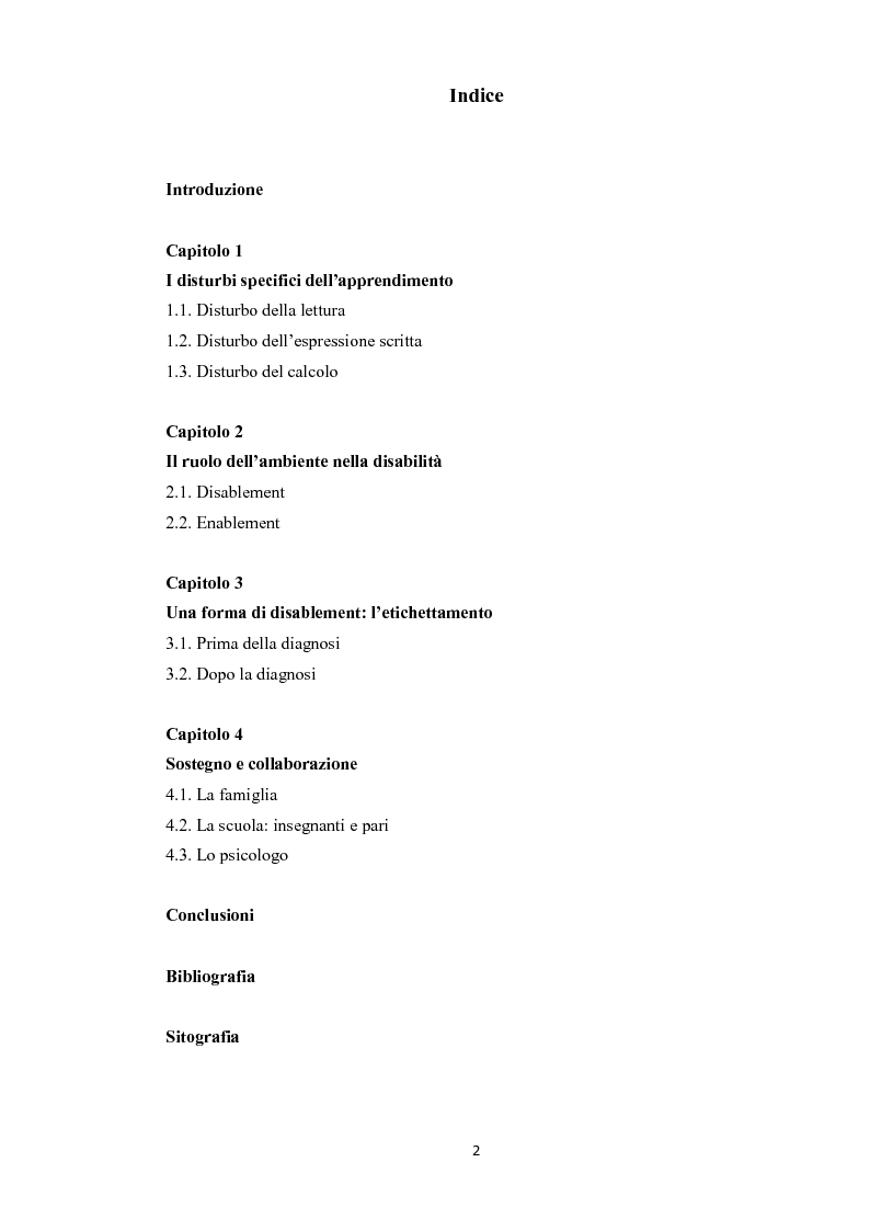 Indice della tesi: Disturbi Specifici dell'Apprendimento. Necessità di un ambiente ''abilitante'', Pagina 1