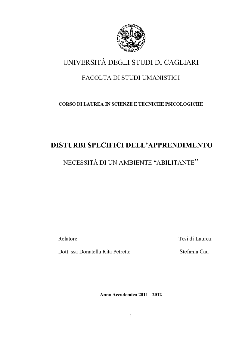 Anteprima della tesi: Disturbi Specifici dell'Apprendimento. Necessità di un ambiente ''abilitante'', Pagina 1