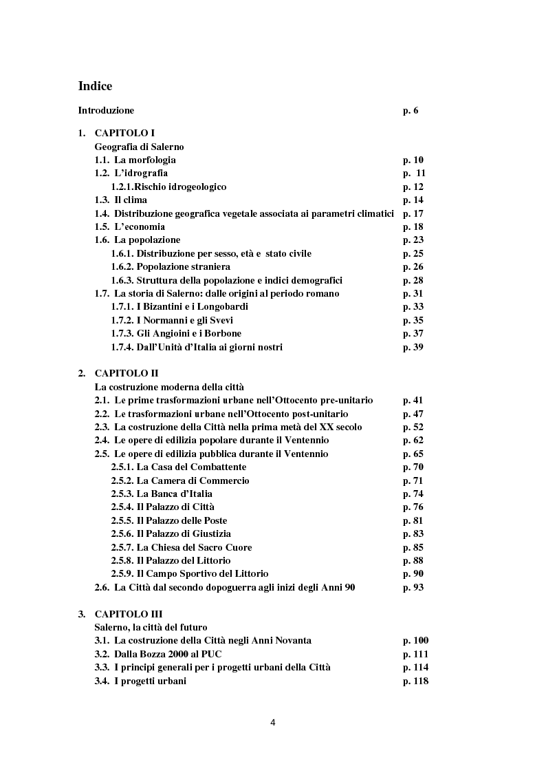 Indice della tesi: La città di Salerno: trasformazioni urbane e topophilia. Un’indagine quali-quantitativa, Pagina 1