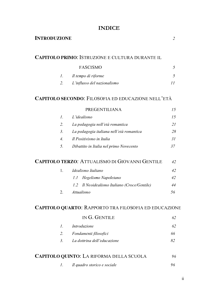 Indice della tesi: Rapporto tra filosofia ed educazione nell'attualismo gentiliano, Pagina 1