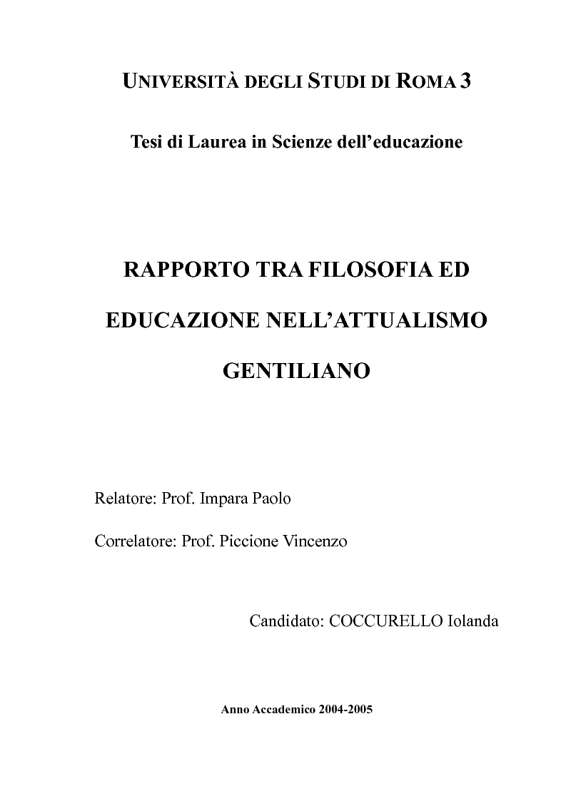 Anteprima della tesi: Rapporto tra filosofia ed educazione nell'attualismo gentiliano, Pagina 1