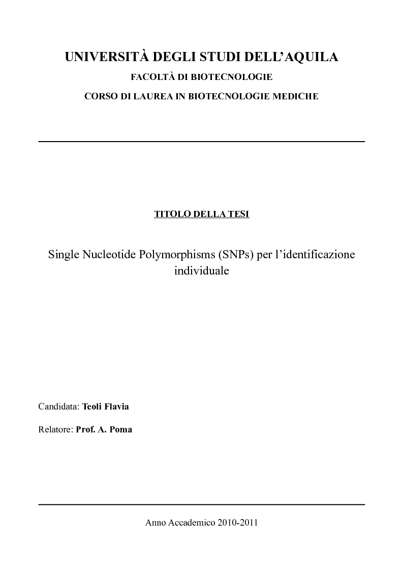 Anteprima della tesi: Single Nucleotide Polymorphisms (SNPs) per l’identificazione individuale, Pagina 1