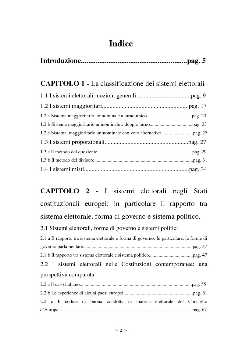 Indice della tesi: Il rapporto tra sistema elettorale, sistema dei partiti e forma di governo: il caso italiano alla luce dell'analisi comparata., Pagina 1