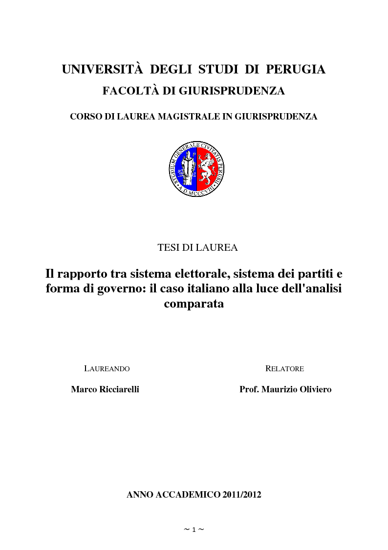 Anteprima della tesi: Il rapporto tra sistema elettorale, sistema dei partiti e forma di governo: il caso italiano alla luce dell'analisi comparata., Pagina 1