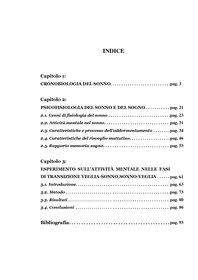 Indice della tesi: Attivazione mnestica nelle fasi di passaggio veglia-sonno, sonno-veglia, Pagina 1