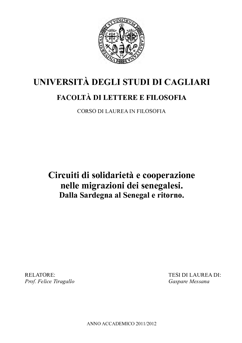 Anteprima della tesi: Circuiti di solidarietà e cooperazione nelle migrazioni dei senegalesi. Dalla Sardegna al Senegal e ritorno, Pagina 1