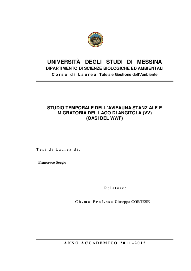 Anteprima della tesi: Studio temporale dell'avifauna stanziale e migratoria del lago di Angitola (vv) (Oasi del WWF), Pagina 1