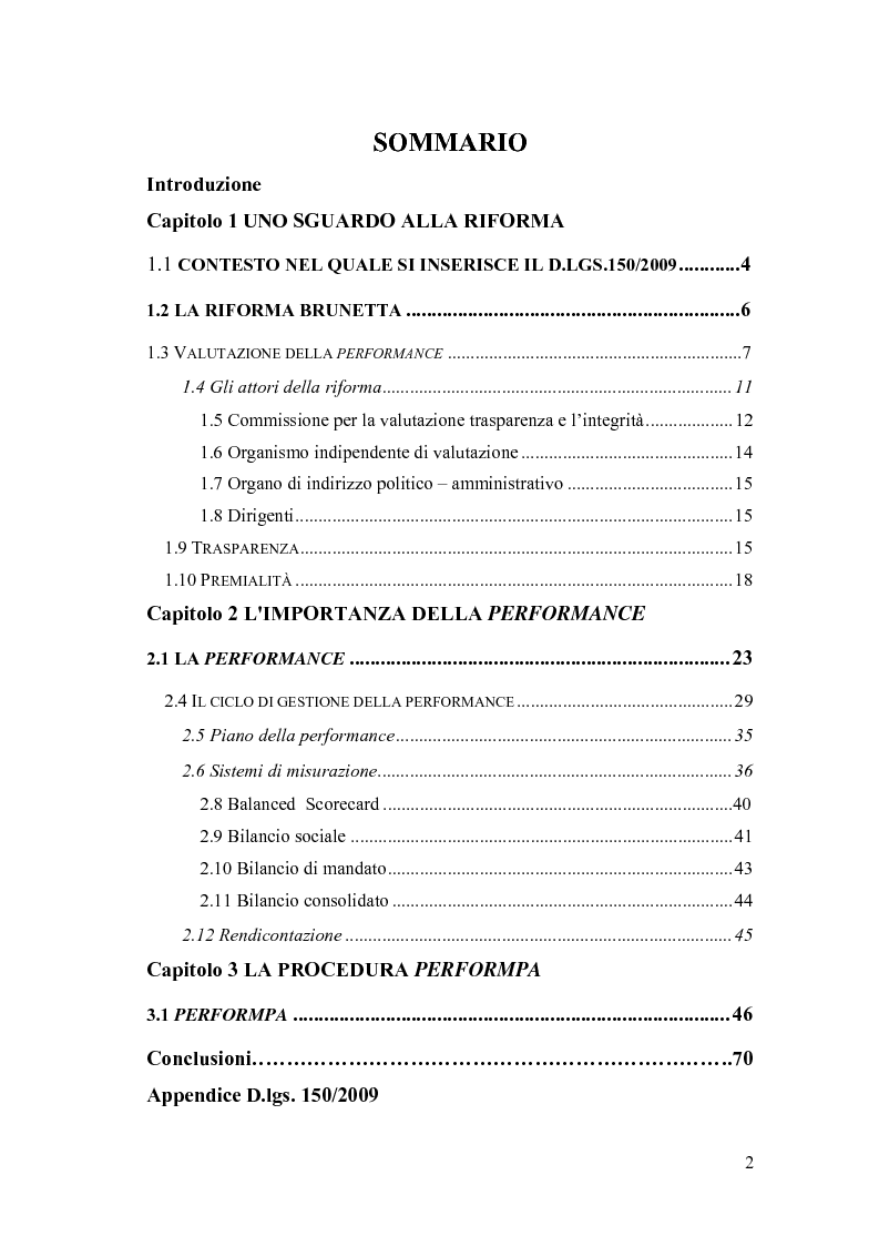 Indice della tesi: L'introduzione del sistema di gestione della performance nelle pubbliche amministrazioni italiane, Pagina 1