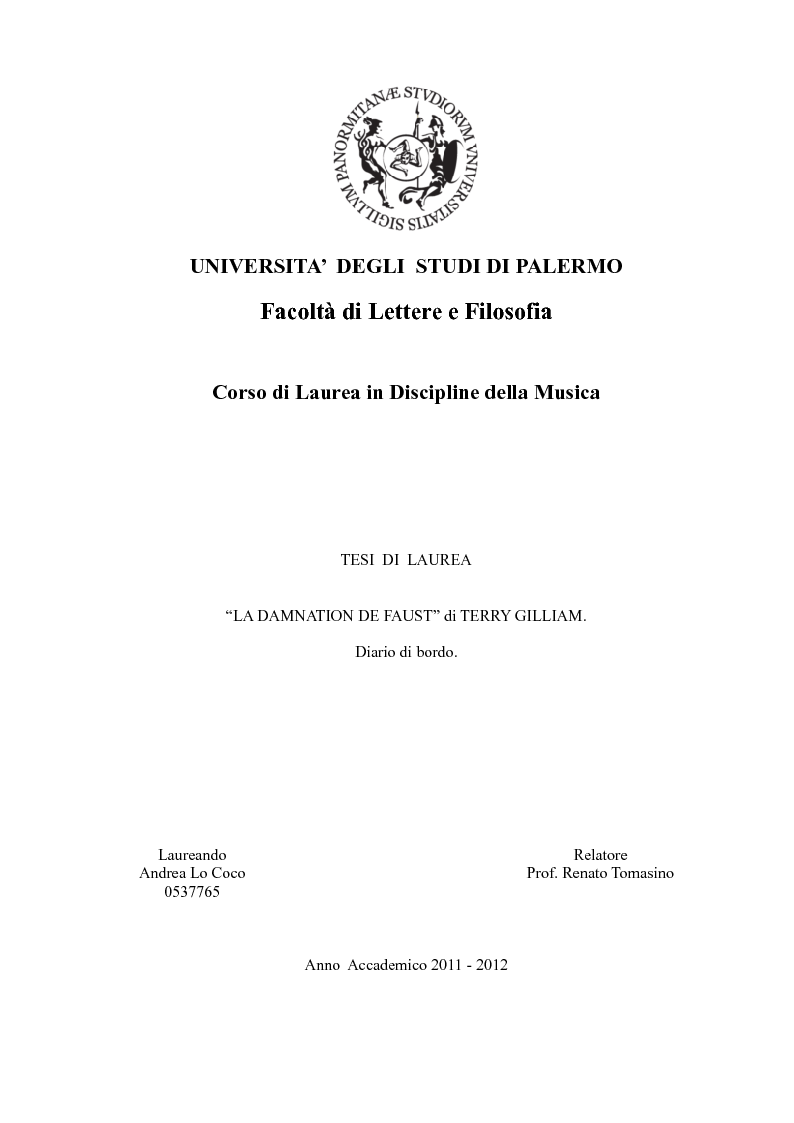 Anteprima della tesi: La ''Damnation de Faust'' di Terry Gilliam, Pagina 1